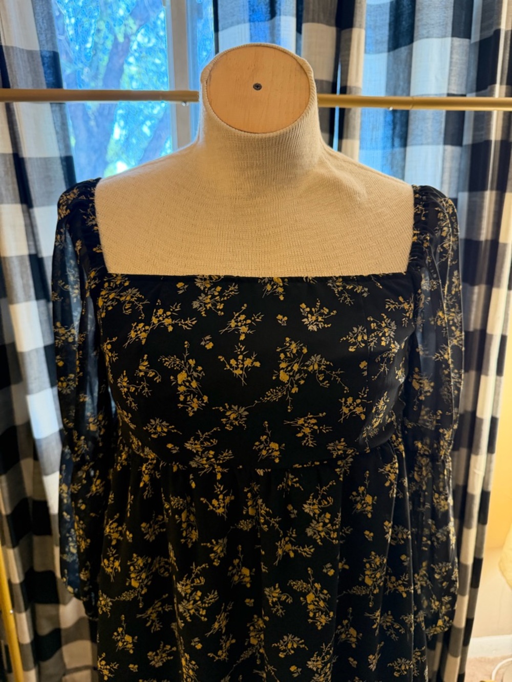 EXLURA Womens Square Neck Black Floral Long Puff Sleeve A-Line Short Mini Dress - Picture 2 of 5